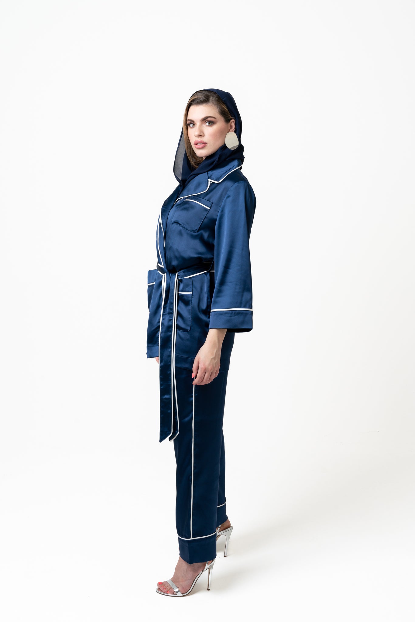 Emara Navy  Luxury Satin Relaxed Fit Two Piece Co-ord Set