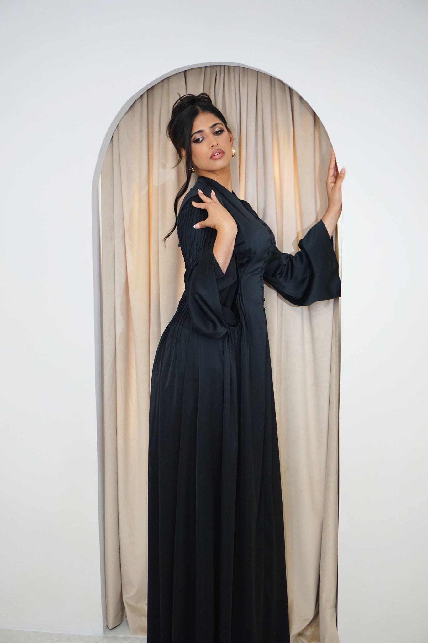 Pintuck Detail Maxi Dress Bell Sleeves