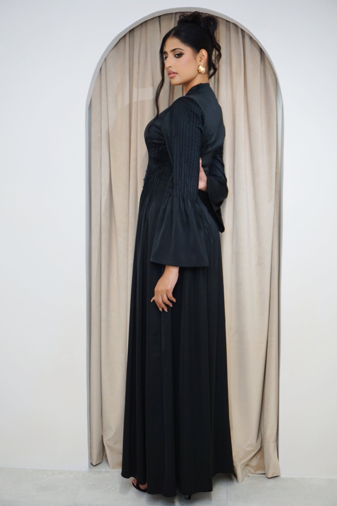 Pintuck Detail Maxi Dress Bell Sleeves