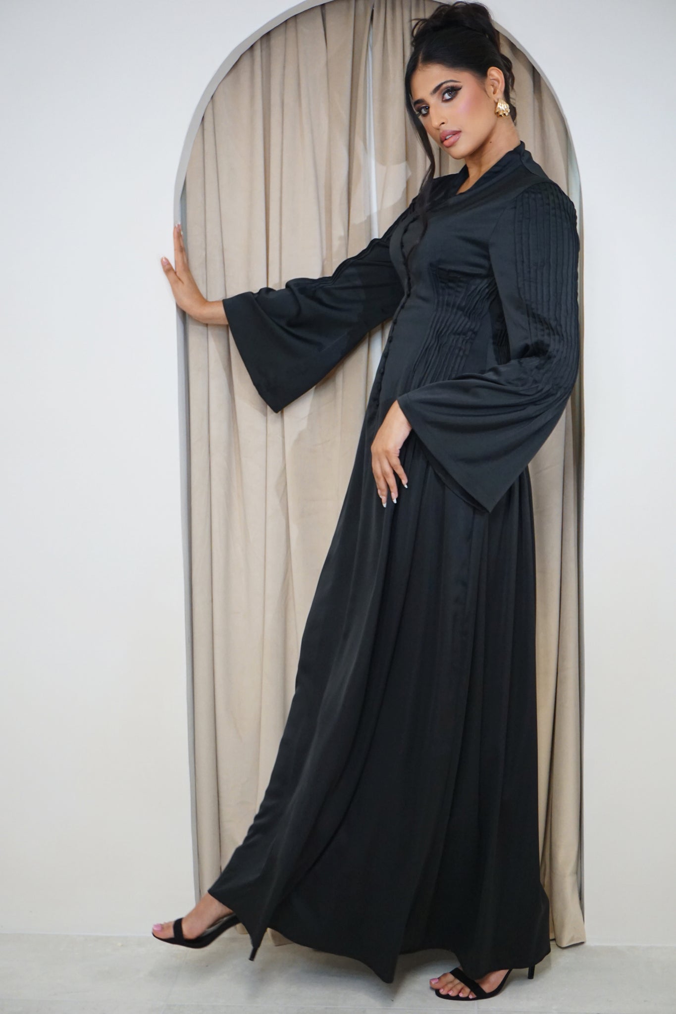 Pintuck Detail Maxi Dress Bell Sleeves