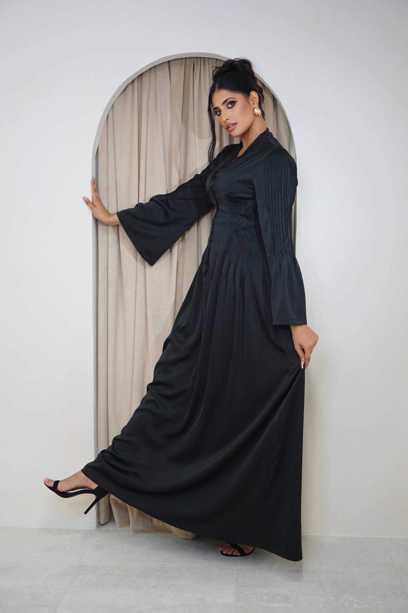 Pintuck Detail Maxi Dress Bell Sleeves